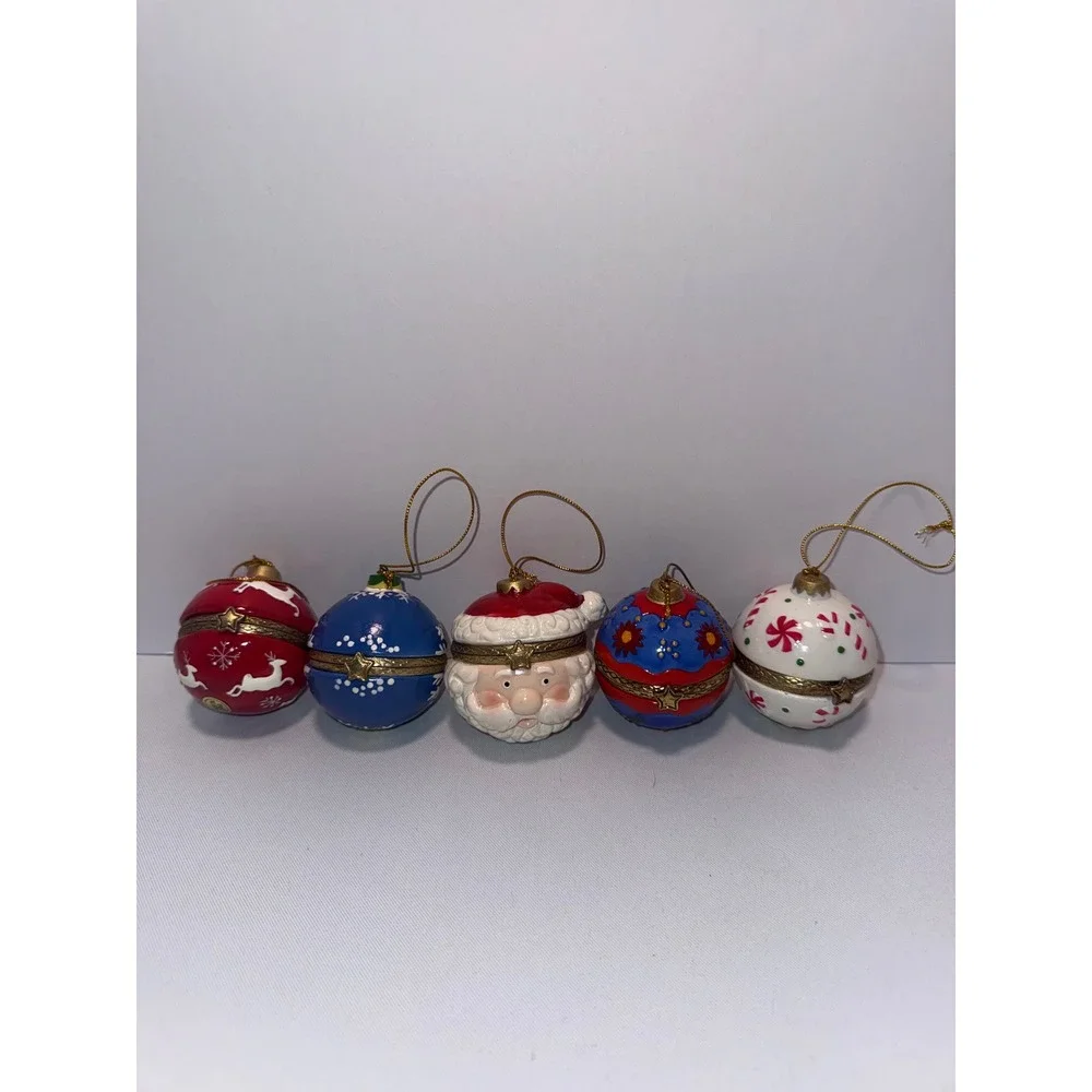 Vintage Porcelain Hinged Trinket Box Christmas Ornaments Santa Reindeer Set of 5